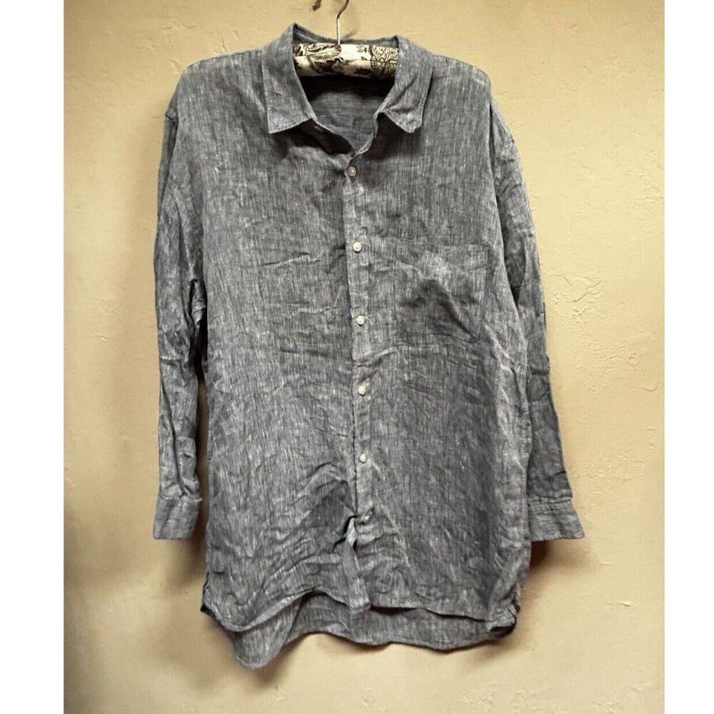 Muji Womens Long Sleeve Button Down Tunic Top Large Linen Gray Lightweight